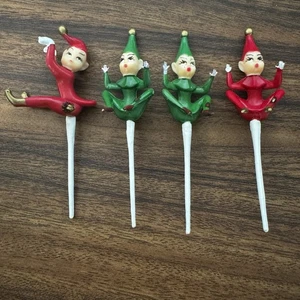 Vintage grün & rot 4 Pixie Elfe mit Marienkäfer Kletterer Kuchen Topper Picks Weihnachten - Bild 1 von 23