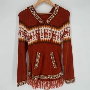 Suéter con Capucha Peruano Tejido a Mano Alpaca Para Mujer XS Naranja Llama Flecos Boho - Imagen 1 de 11