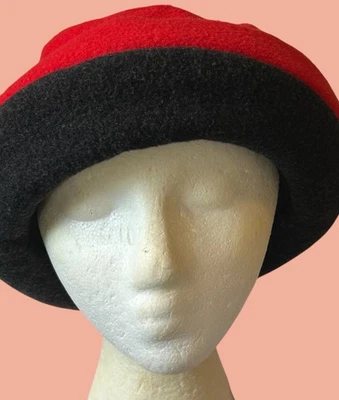 Sombrero cubo vintage de lana cachemir Peter James rojo y negro Cloche años 90 Y2K flor Foto 1 de 4