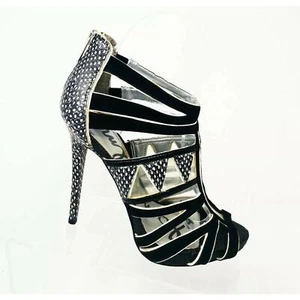Sam Edelman Jazz Strappy Embossed Snake Heels 6M Black White Clear Triangle Cut - Picture 1 of 7