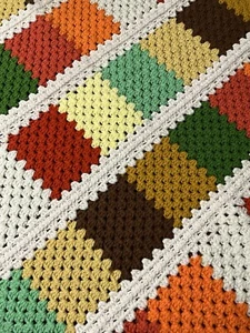 Colorful Vintage Crochet Afghan 50x47 Square Pattern Red Orange Green Yellow - Picture 1 of 7