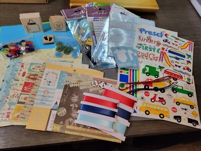 It's a Boy Scrapbook Supply Lot Junk Journal Stickers, Papers, Buttons, Ribbons - Image 1 of 4
