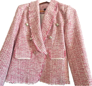 Aqua Women tweed Blazer L Pink-multi double-breasted Fringes Shawl collar - Picture 1 of 6