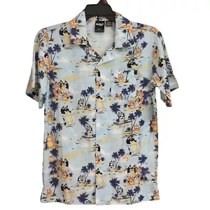 BLUEY Men's Small 34/36 Button Front Shirt Blue Bingo Mom Dad Dancing Light Blue - Picture 1 of 5