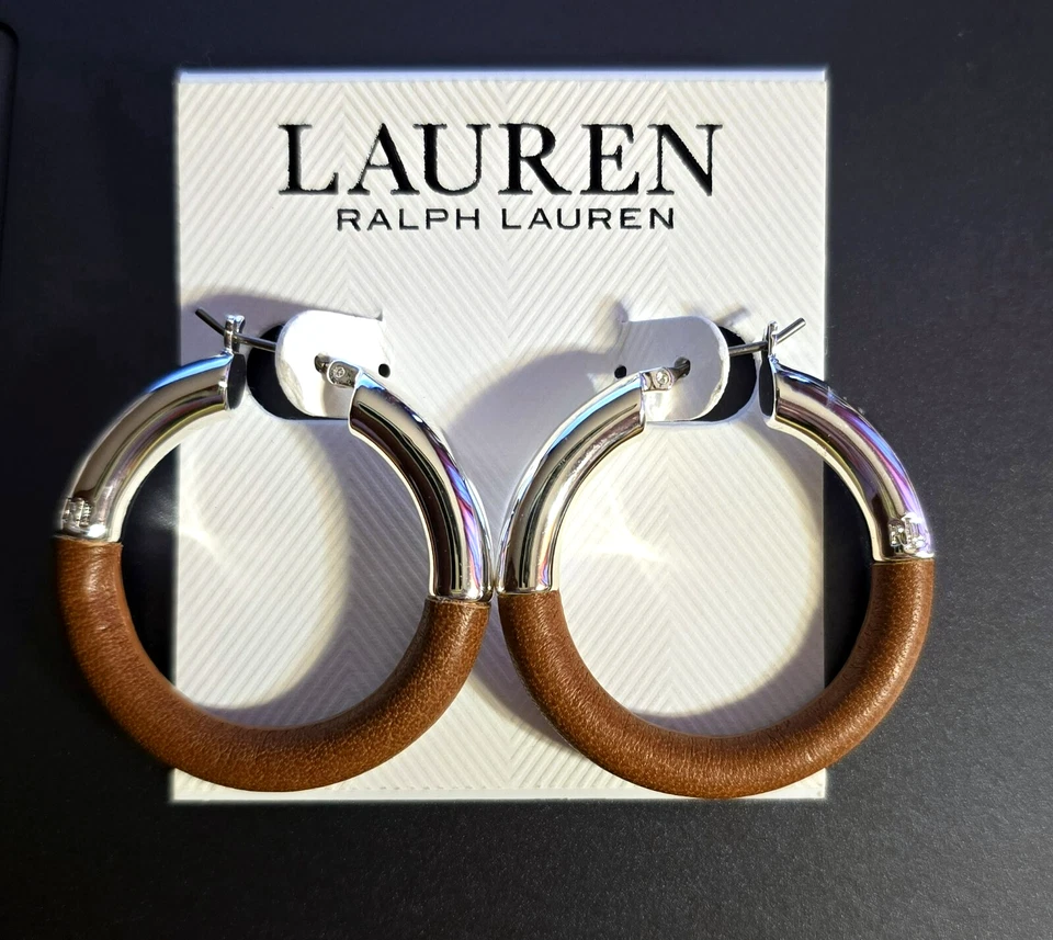 НОВЫЙ RALPH LAUREN СЕРЕБРЯНОГО ТОНА, КОНЬЯК КОЖИ ОБЕРНУТЫЙ СЕРЬГИ-КОЛЬЦА - Изображение 1 из 4