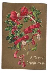 FROHE WEIHNACHTEN UDB Postkarte geprägt Wunschknochen Hufeisen rote Schleife Bänder UB 1906 - Bild 1 von 2