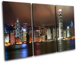 Hong Kong Skyline City TREBLE CANVAS WALL ART Picture Print VA - Picture 1 of 1