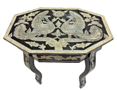 Handmade Wooden End Table Carving Wood Table Home Decor Mother of Pearl Inlay - Image 1 of 4