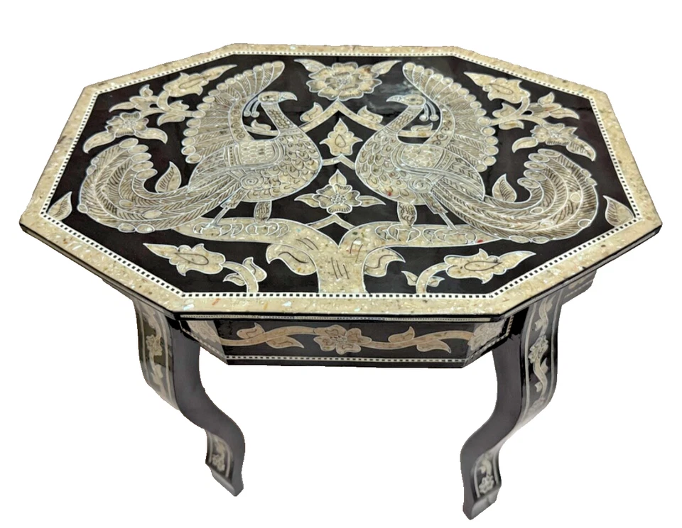 Handmade Wooden End Table Carving Wood Table Home Decor Mother of Pearl Inlay - Image 1 of 4