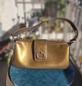 Guess Rare Vintage Y2K Patent Leather Monogram Bronze Gold Clutch Shoulder Bag - Picture 1 of 10
