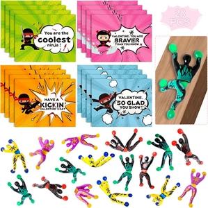 28 Packs Valentines Day Gifts Cards for Kids with Sticky Wall Climbing Men Ninja - Picture 1 of 12