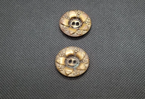 Pair Of Antique Large 2-Hole Metal Buttons Flowers Brass Tone Relief Pattern #34 Cover