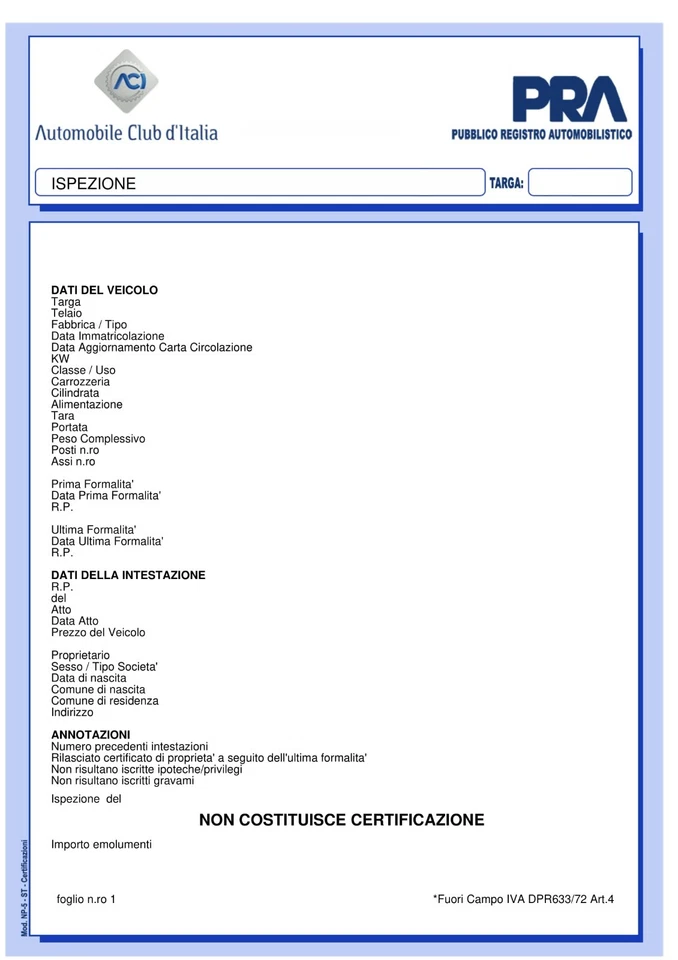 Visura Targa Pra - Visura entro 1 Ora!!  - Immagine 1 di 1