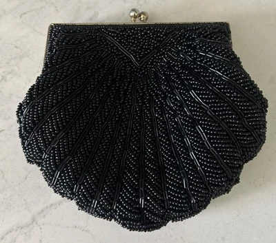 Walborg Vintage Beaded Purse Evening Formal Bag Black Shell Shape Hong Kong - Image 1 of 4
