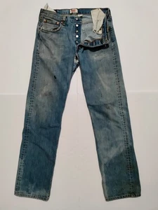 Levis 501 Mens 34x34* Vintage Destroyed Faded Straight Button Fly Blue Jeans  - Picture 1 of 23