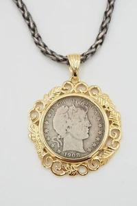 Antica collana catena pendente moneta liberty donna mezzo dollaro barbiere 1908 unisex - Foto 1 di 6