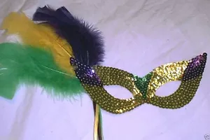 Sequin Gold Feather Mask and Stick Mardi Gras Masquerade Party - Picture 1 of 6
