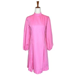 Vintage 60s Bubblegum Pink Mock Neck Balloon Sleeve Dress - Picture 1 of 10