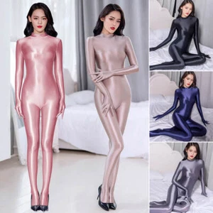 Womens Zipper Stretch Catsuit Shiny Wetlook Full Bodysuit Unitard Zentai Costume - Picture 1 of 21