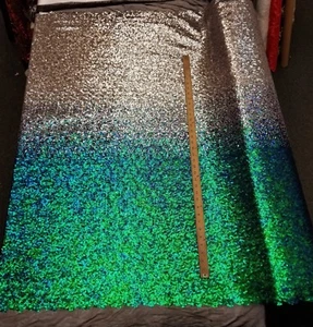 Iridescent Pearl Green to Silver Nylon 2 WAY Stretch Mesh OMBRE Sequin Fabric  - Picture 1 of 7
