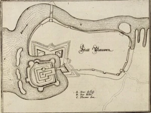 PLAU AN DER ELDE PIANO DI FISSAGGIO orig. Incisione su rame M.Merian 1650  - Foto 1 di 3