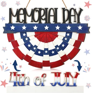 4Th of July Decorations Patriotic Door Sign Wooden Memorial Day Wreath Red White - Picture 1 of 12