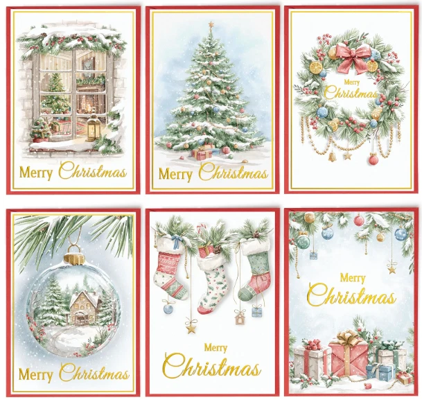 Juego de 24 tarjetas de Navidad a granel, papel aluminio brillo acuarela tarjetas de vacaciones con sobre Foto 1 de 4