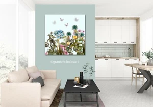 GRANDE TELA ARTE DA PARETE BELLISSIMO BLU FIORI GIALLI FARFALLA ZEN QUADRO STAMPA - Foto 1 di 6