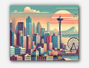 View of Seattle Washington Minimalist Art scenes painting abstract #2 Reprint - Picture 1 of 3