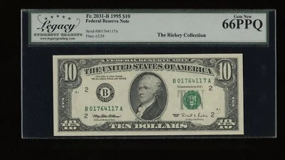 DBR 1995 $10 FRN New York Fr. 2031-B Gem Legacy 66 PPQ Serial B01764117A - Image 1 of 2