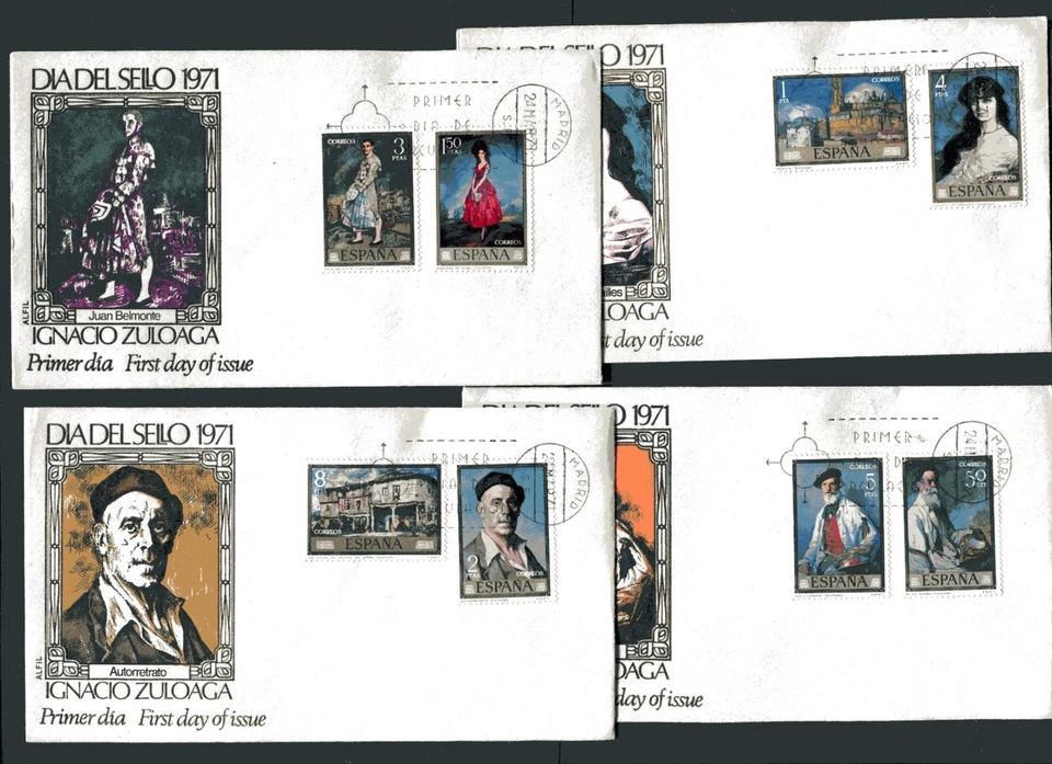 SPAIN 1971, ART: PAINTINGS BY ZULOAGA, Scott 1663-1670 ON 4 F.D.C.'S - Image 1 of 1