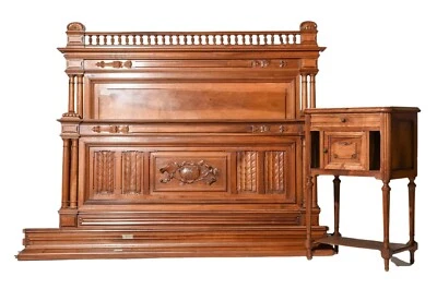 Cama, Mesita de Noche, Mármol T., Estilo Luis XVI, Nogal con Rieles, Vintage/Antiguo Foto 1 de 4