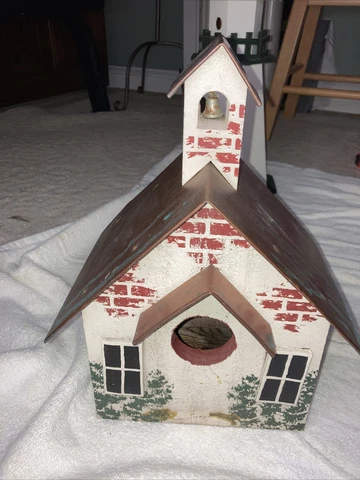 Copper Roof School Church Bell Bird House Meetinghouse Handmade Painted Solid Cover
