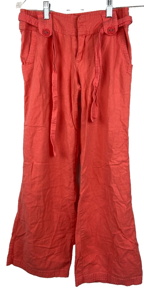 Body Central Mujer 100% Lino Acampanado Pantalones Talla S Coral Naranja Verano Corbata Cinturón Foto 1 de 4