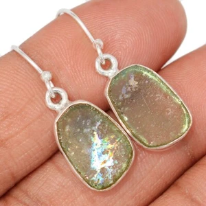 Natural Genuine Antique Roman Glass 925 Sterling Silver Earrings Jewelry CE48540 - Picture 1 of 1