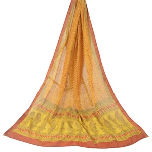 Sanskriti Vintage Yellow Dupatta Long Stole Pure Cotton Block Printed Wrap Veil - Picture 1 of 11