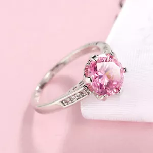 Wedding Party Gift Natural Pink White Fire Topaz Gems Silver Woman Ring Sz 6-10 - Picture 1 of 7