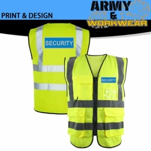 Yellow Reflective Badge Security Hi Vis Executive Vest Printed, ID Pocket Zipped - Picture 1 of 5