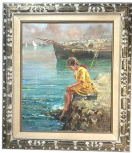 GIOVANNI PANZA (1894-1989) Signed 1930’s Oil on Canvas Young Girl Fishing - Picture 1 of 10