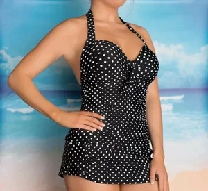 Merona Einteiler Neckholder Badekleid Badeanzug schwarz weiß gepunktet Medium NEUWERTIG - Bild 1 von 8