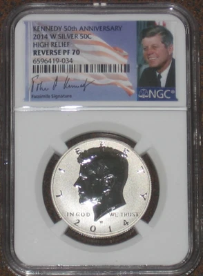 2014 W Silver Reverse Proof JFK Kennedy Half Dollar NGC PF70 PR 50c High Relief - Image 1 of 2