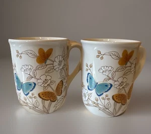 Vintage Kaffeebecher Tasse Set Blumen Schmetterling Orange Weiß 12 Unzen Hergestellt in Japan - Bild 1 von 6
