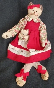 Primitive Cottage STUFFED KITTY CAT Mom & Baby Kitten Shelf Sitter Long Leg DOLL - Picture 1 of 10