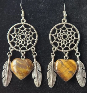 Handmade Earrings Tibetan Silver Dream Catcher with Tigers Eye Gemstone Hearts - Picture 1 of 5