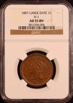 1857 Braided Hair Large Cent "Large Date" - NGC AU55 BN - Tough Date & Variety! - Image 1 of 4