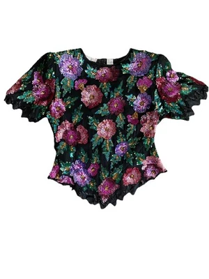 Blusa de seda vintage Laurence Kazar lentejuelas grande negra rosa púrpura verde floral  Foto 1 de 4