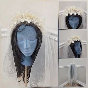 Copricapo velo da sposa vintage '80 con perline/fiori 2 livelli/32" - Foto 1 di 11