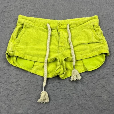 Pantalones Cortos Free People Para Mujer XS Verde Neón Cuerda Corbata Lino Puño Botón Mosca 2" Playa Foto 1 de 4
