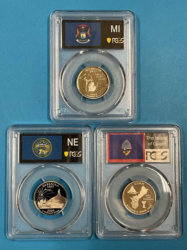3-Coins 25c/25c/25c State Quarters PCGS PR69DCAM 2004S MI/2006S NE/2009S GUAM - Image 1 of 4