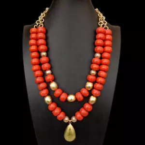 Collana con ciondolo catena placcata oro finto rondelle corallo arancione 21" 2 fili - Foto 1 di 6